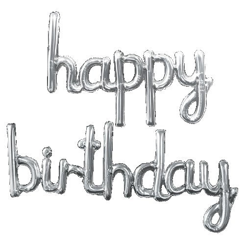 Set Baloane din Folie Metalizată, Model Happy Birthday, 45x85 cm, 45x124cm, Baloane Party, Ambalaj Individual, Pai inclus, Umflare cu Aer sau Heliu, Argintiu