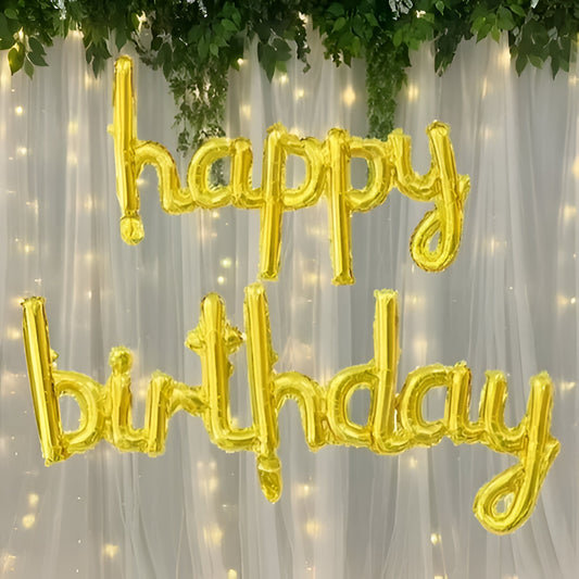 Set Baloane din Folie Metalizată, Model Happy Birthday, 45x85 cm, 45x124cm, Baloane Party, Ambalaj Individual, Pai inclus, Umflare cu Aer sau Heliu, Gold
