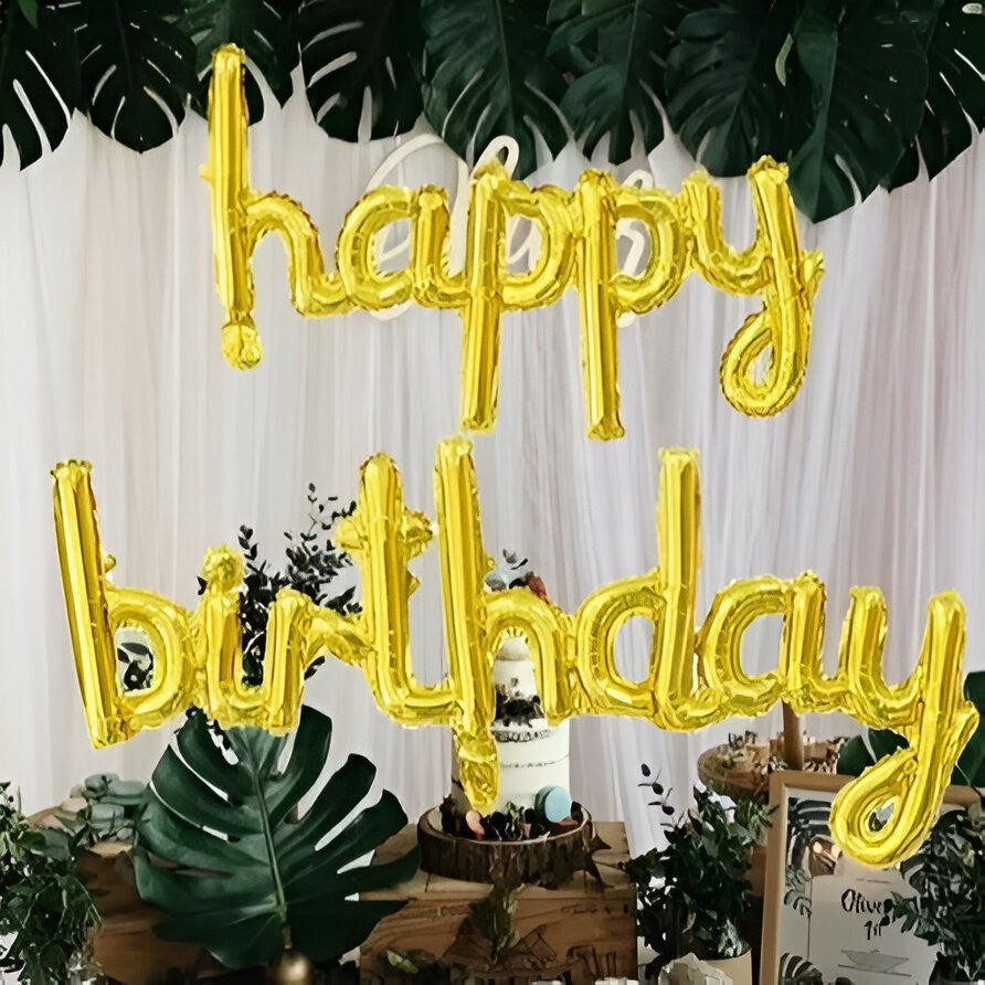 Set Baloane din Folie Metalizată, Model Happy Birthday, 45x85 cm, 45x124cm, Baloane Party, Ambalaj Individual, Pai inclus, Umflare cu Aer sau Heliu, Gold