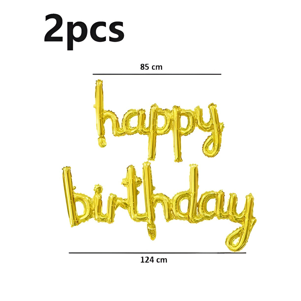 Set Baloane din Folie Metalizată, Model Happy Birthday, 45x85 cm, 45x124cm, Baloane Party, Ambalaj Individual, Pai inclus, Umflare cu Aer sau Heliu, Gold
