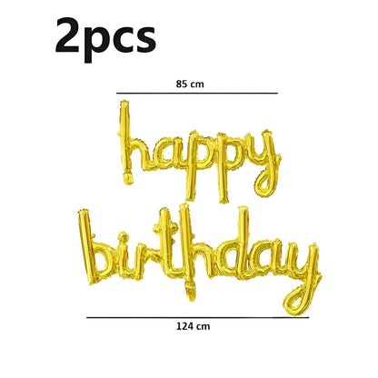 Set Baloane din Folie Metalizată, Model Happy Birthday, 45x85 cm, 45x124cm, Baloane Party, Ambalaj Individual, Pai inclus, Umflare cu Aer sau Heliu, Gold