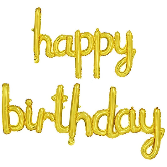 Set Baloane din Folie Metalizată, Model Happy Birthday, 45x85 cm, 45x124cm, Baloane Party, Ambalaj Individual, Pai inclus, Umflare cu Aer sau Heliu, Gold