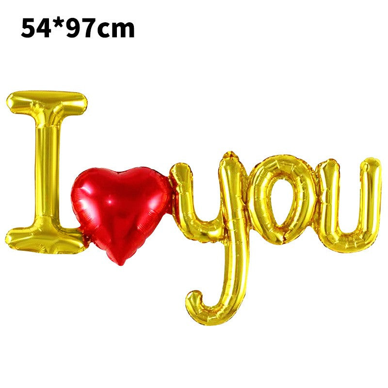 Set Baloane Folie Metalizata, Model I LOVE YOU cu Inimioara, 54x97 cm, Tematica Ziua Îndrăgostiților, Ambalaj Individual, Pai Inclus, Umflare cu Aer sau Heliu, Auriu