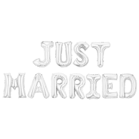 Set Baloane din Folie Metalizata, Model Just Married, Litere de 40 cm, Baloane Party, Ambalaj Individual, Pai, Ata si Adeziv Incluse, Umflare cu Aer sau Heliu, Argintiu
