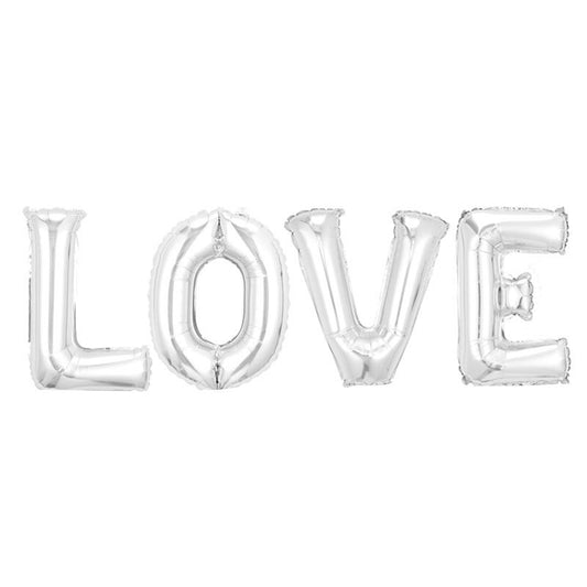 Set 4 Baloane din Folie Metalizata, Figurine Litere, Model Scris Love, Tema Iubire, 80 cm, Ambalaj Individual, Pai Inclus, Umflare cu Aer sau Heliu, Argintiu