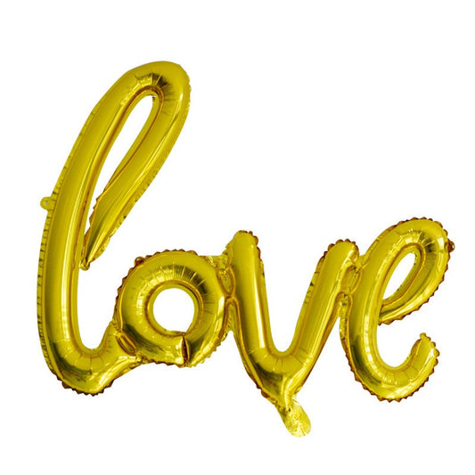 Balon din Folie Metalizata, Model Love scris de mana, 102x65 cm, Tematica Ziua Îndrăgostiților, Ambalaj Individual, Pai Inclus, Umflare cu Aer sau Heliu, Auriu