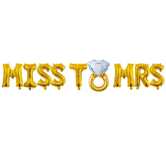 Set Baloane din Folie Metalizata, Model Miss to Mrs cu Inel de Logodna, Litere de 40 cm, Tema Iubire, Baloane Party, Ambalaj Individual, Pai Inclus, Umflare cu Aer sau Heliu, Auriu