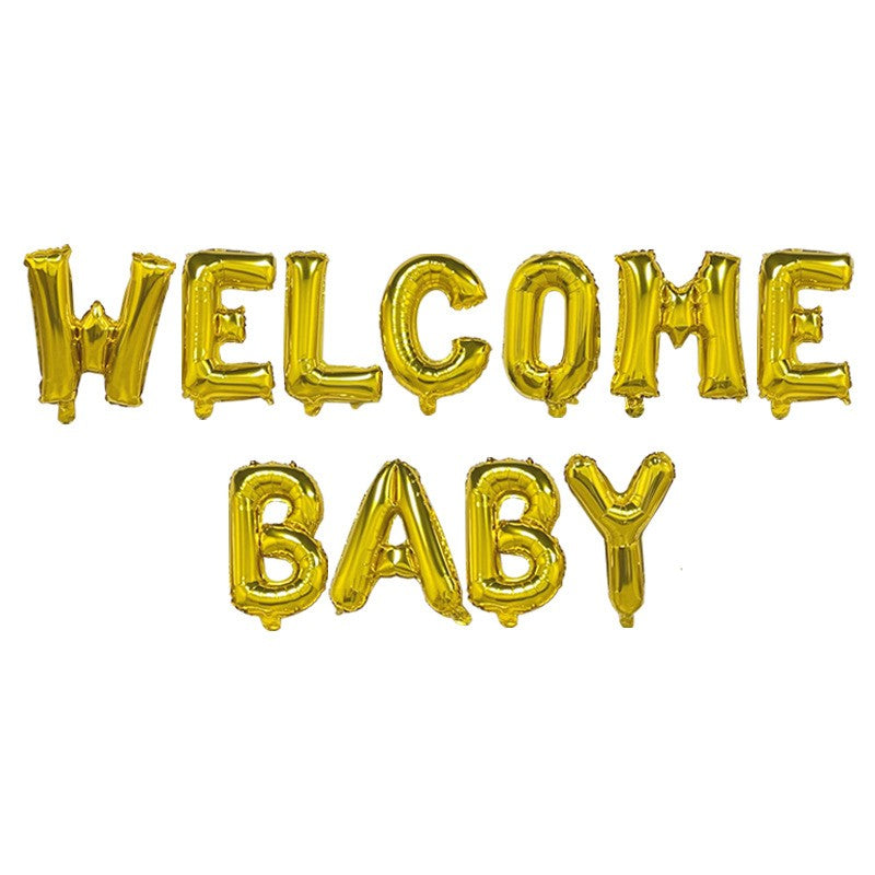 Set Baloane din Folie Metalizata, Model Welcome Baby, Litere de 40 cm, Baloane Party, Ambalaj Individual, Pai, Ata si Adeziv Incluse, Umflare cu Aer sau Heliu, Auriu