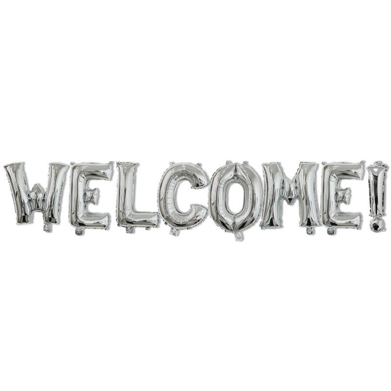 Set Baloane din Folie Metalizata, Model WELCOME!, Litere de 40 cm, Baloane Party, Ambalaj Individual, Pai Inclus, Umflare cu Aer sau Heliu, Argintiu