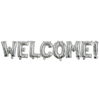 Set Baloane din Folie Metalizata, Model WELCOME!, Litere de 40 cm, Baloane Party, Ambalaj Individual, Pai Inclus, Umflare cu Aer sau Heliu, Argintiu