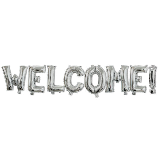 Set Baloane din Folie Metalizata, Model WELCOME!, Litere de 40 cm, Baloane Party, Ambalaj Individual, Pai Inclus, Umflare cu Aer sau Heliu, Argintiu