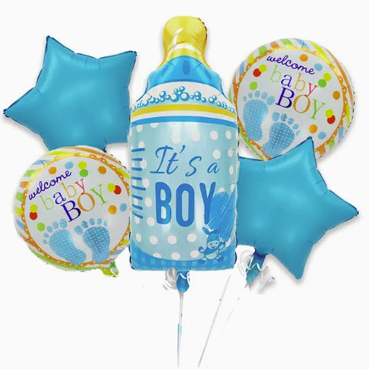 Baloane decorative GENDER REVEAL PARTY, Figurina Sticluta, Model IT'S A BOY, Set din 5 baloane, 40 x 77 cm, pentru Botez, Albastru