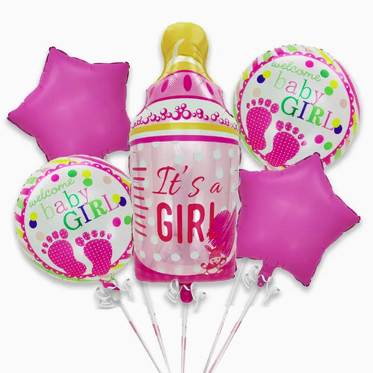 Baloane decorative GENDER REVEAL PARTY, Figurina Sticluta, Model IT'S A GIRL, Set din 5 baloane, 40 x 77 cm, pentru Botez, Roz