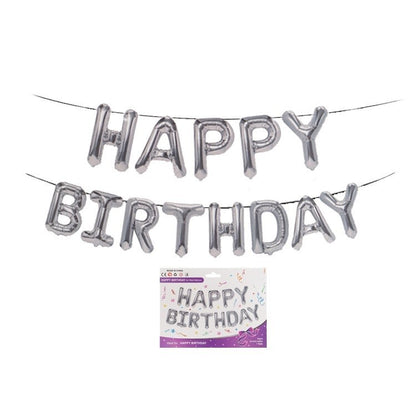 Set 13 Baloane Folie, Tip Ghirlanda, Model Happy Birthday, 40 cm, Argintiu