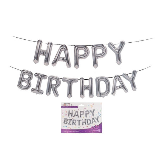 Set 13 Baloane Folie, Tip Ghirlanda, Model Happy Birthday, 40 cm, Argintiu