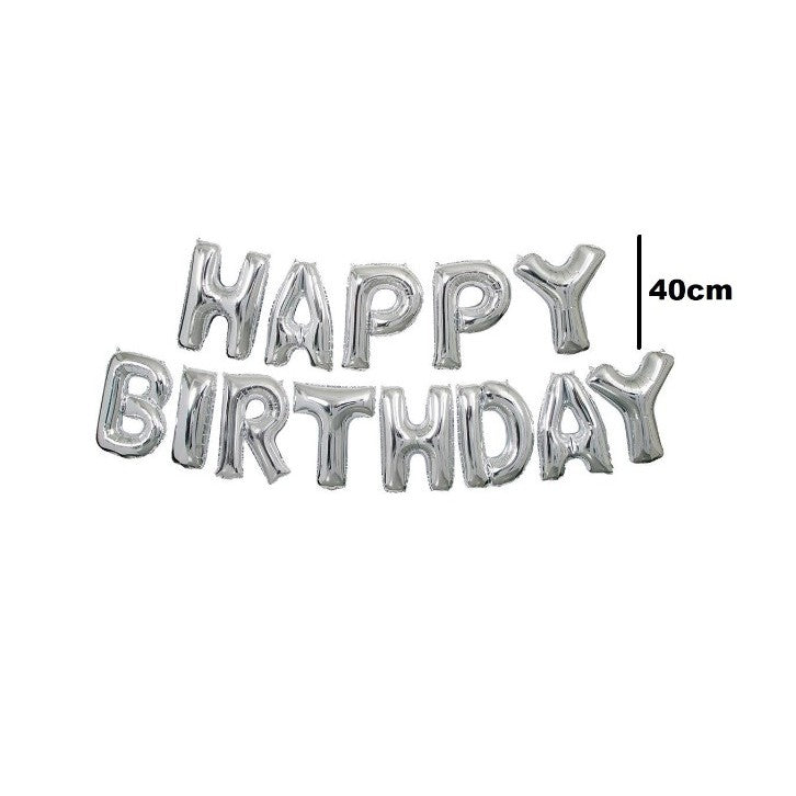 Set 13 Baloane Folie, Tip Ghirlanda, Model Happy Birthday, 40 cm, Argintiu