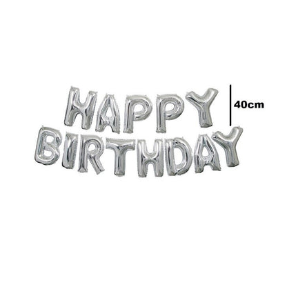 Set 13 Baloane Folie, Tip Ghirlanda, Model Happy Birthday, 40 cm, Argintiu