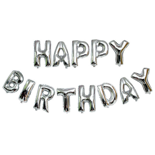 Set 13 Baloane Folie, Tip Ghirlanda, Model Happy Birthday, 40 cm, Argintiu