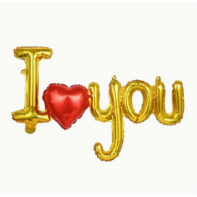 Set Baloane Folie Metalizata, Model I LOVE YOU cu Inimioara, 54x97 cm, Tematica Ziua Îndrăgostiților, Ambalaj Individual, Pai Inclus, Umflare cu Aer sau Heliu, Auriu