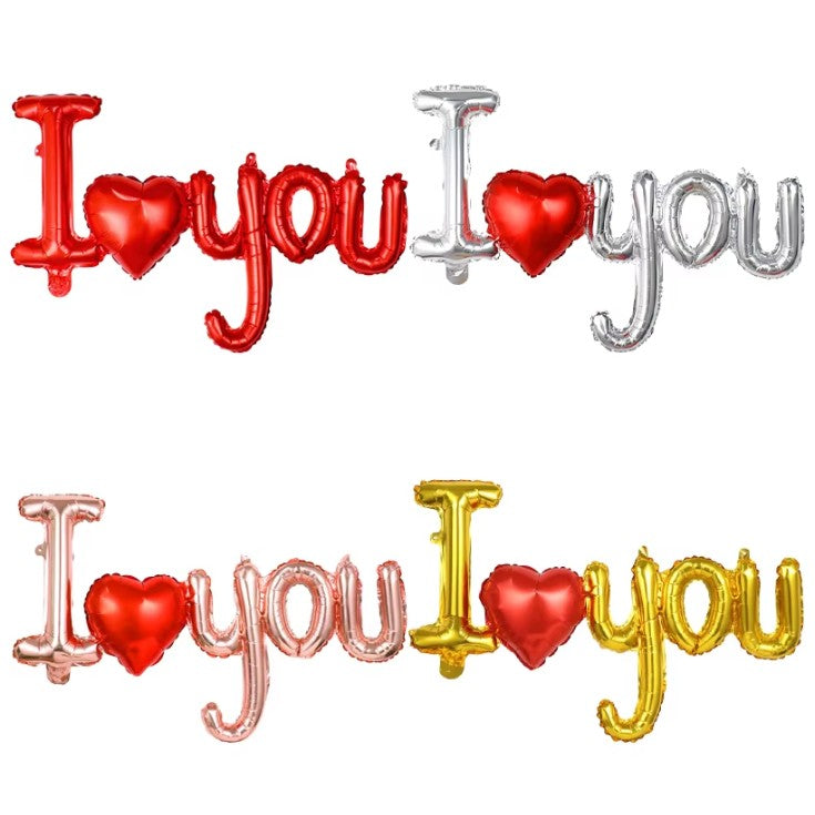 Set Baloane Folie Metalizata, Model I LOVE YOU cu Inimioara, 54x97 cm, Tematica Ziua Îndrăgostiților, Ambalaj Individual, Pai Inclus, Umflare cu Aer sau Heliu, Auriu