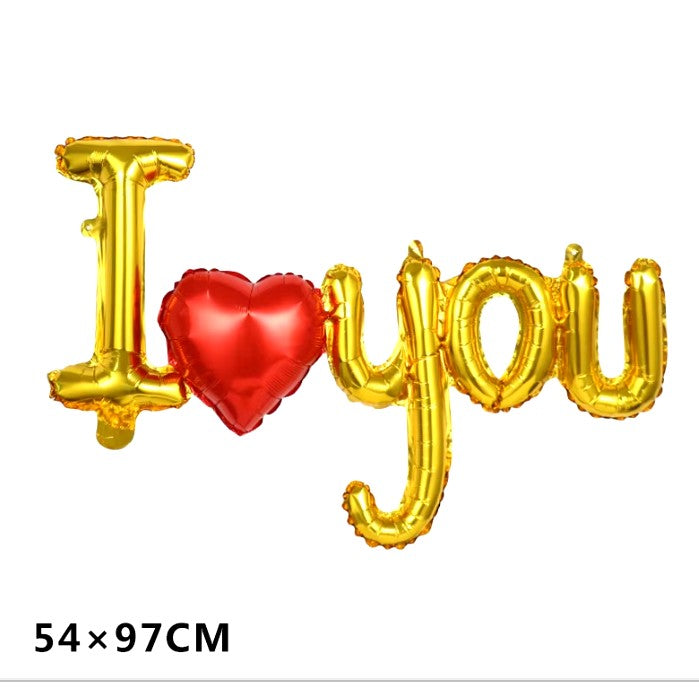 Set Baloane Folie Metalizata, Model I LOVE YOU cu Inimioara, 54x97 cm, Tematica Ziua Îndrăgostiților, Ambalaj Individual, Pai Inclus, Umflare cu Aer sau Heliu, Auriu