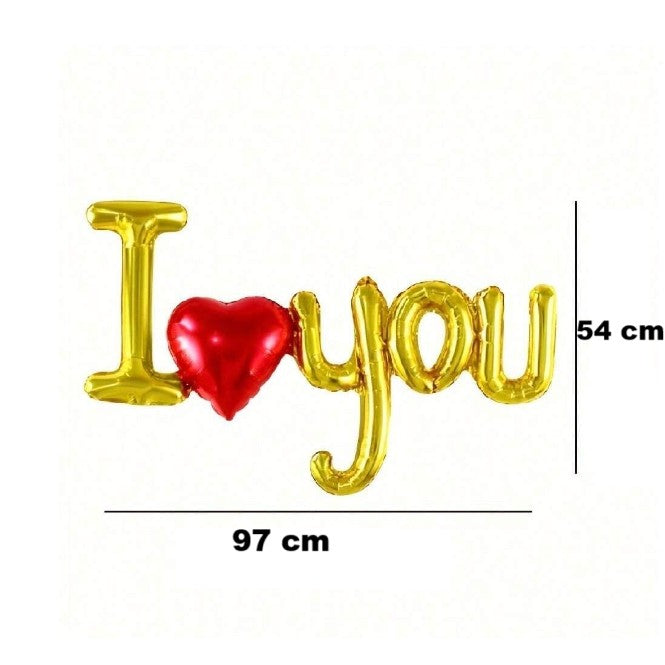 Set Baloane Folie Metalizata, Model I LOVE YOU cu Inimioara, 54x97 cm, Tematica Ziua Îndrăgostiților, Ambalaj Individual, Pai Inclus, Umflare cu Aer sau Heliu, Auriu