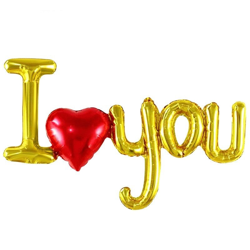 Set Baloane Folie Metalizata, Model I LOVE YOU cu Inimioara, 54x97 cm, Tematica Ziua Îndrăgostiților, Ambalaj Individual, Pai Inclus, Umflare cu Aer sau Heliu, Auriu