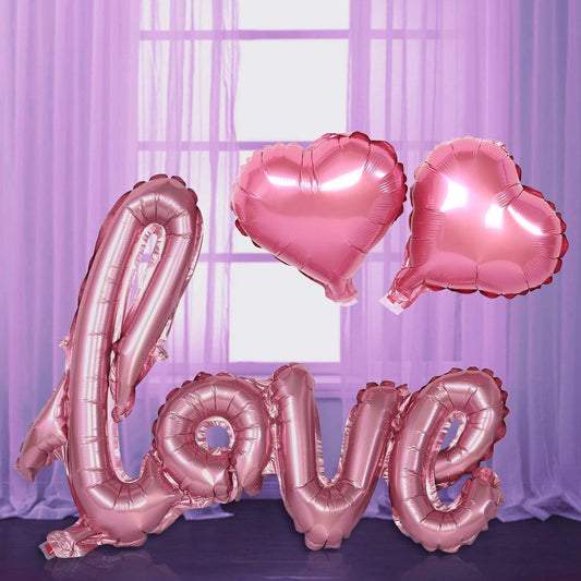 Balon din Folie Metalizata, Model Love scris de mana, 102x65 cm, Tematica Ziua Îndrăgostiților, Ambalaj Individual, Pai Inclus, Umflare cu Aer sau Heliu, Roz