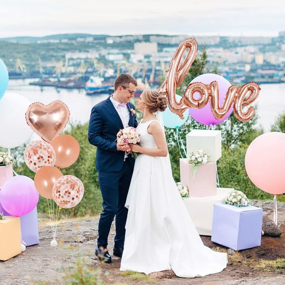 Balon din Folie Metalizata, Model Love scris de mana, 102x65 cm, Tematica Ziua Îndrăgostiților, Ambalaj Individual, Pai Inclus, Umflare cu Aer sau Heliu, Rose Gold