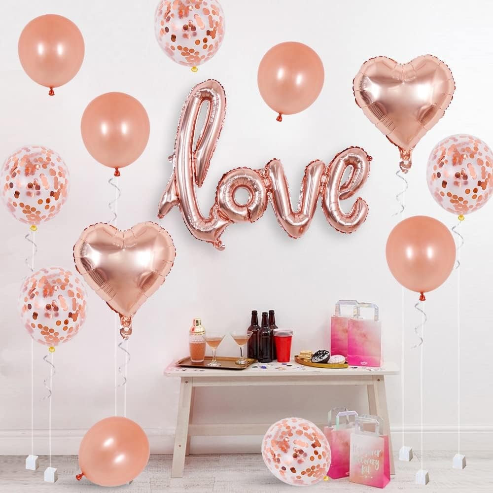 Balon din Folie Metalizata, Model Love scris de mana, 102x65 cm, Tematica Ziua Îndrăgostiților, Ambalaj Individual, Pai Inclus, Umflare cu Aer sau Heliu, Rose Gold