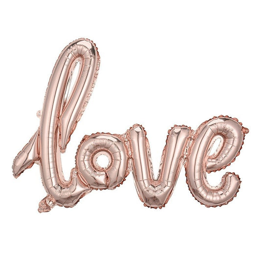 Balon din Folie Metalizata, Model Love scris de mana, 102x65 cm, Tematica Ziua Îndrăgostiților, Ambalaj Individual, Pai Inclus, Umflare cu Aer sau Heliu, Rose Gold