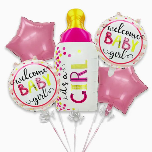 Baloane decorative GENDER REVEAL PARTY, Figurina Sticla, Model IT'S A GIRL, Set din 5 baloane, 40 x 77 cm, pentru Botez, Roz