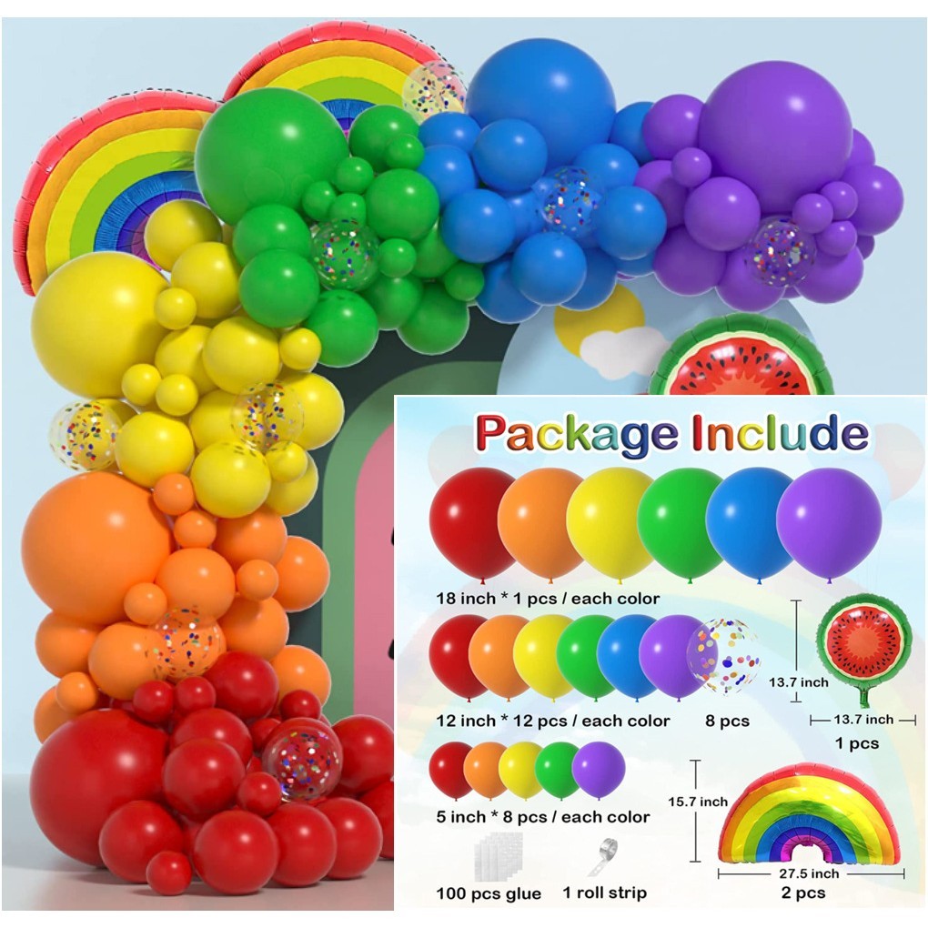 Baloane decorative pentru PETRECERE, Arcada Set MIX din 107 baloane, pentru Evenimente, Aniversari, Model Curcubeu, Rainbow, Multicolor