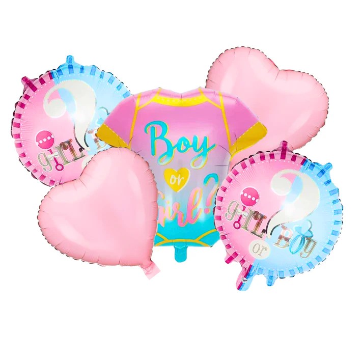 Baloane pentru GENDER REVEAL, Model Petrecere, Set din 5 bucati, din folie de aluminiu, 55 x 61.5 cm Roz Albastru