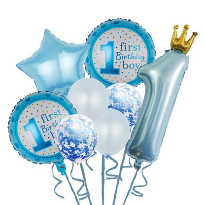 Set 8 Baloane din Folie Metalizată si din Latex, Figurine Cifra 1 Printesa 91cm, Stea 45 cm si Cerc 55 cm, Baloane Latex 30 cm, Tema Prima Aniversare, Ambalaj Individual, Pai Inclus, Umflare cu Aer sau Heliu, Albastru