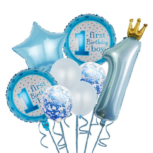 Set 8 Baloane din Folie Metalizată si din Latex, Figurine Cifra 1 Printesa 91cm, Stea 45 cm si Cerc 55 cm, Baloane Latex 30 cm, Tema Prima Aniversare, Ambalaj Individual, Pai Inclus, Umflare cu Aer sau Heliu, Albastru