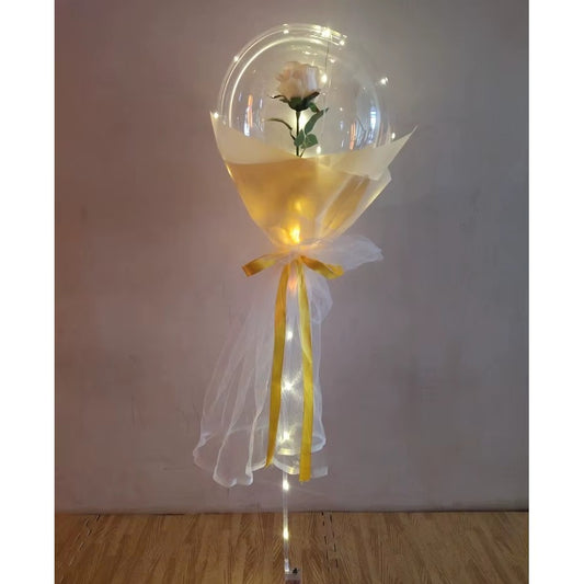 Set Buchet Decorativ, Trandafir in Balon cu Lumini Led, Diametru 35 cm, 2 x Baterii AA (neincluse), Sampanie