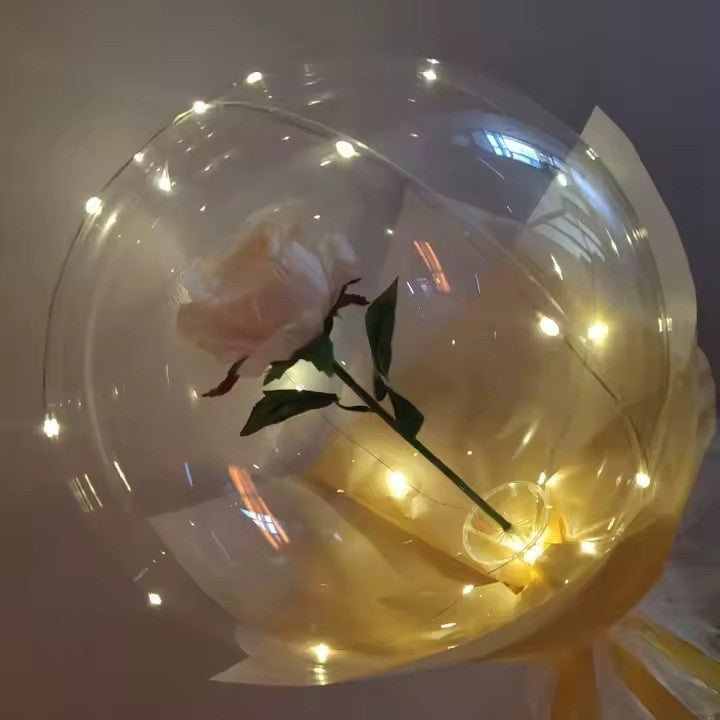 Set Buchet Decorativ, Trandafir in Balon cu Lumini Led, Diametru 35 cm, 2 x Baterii AA (neincluse), Sampanie