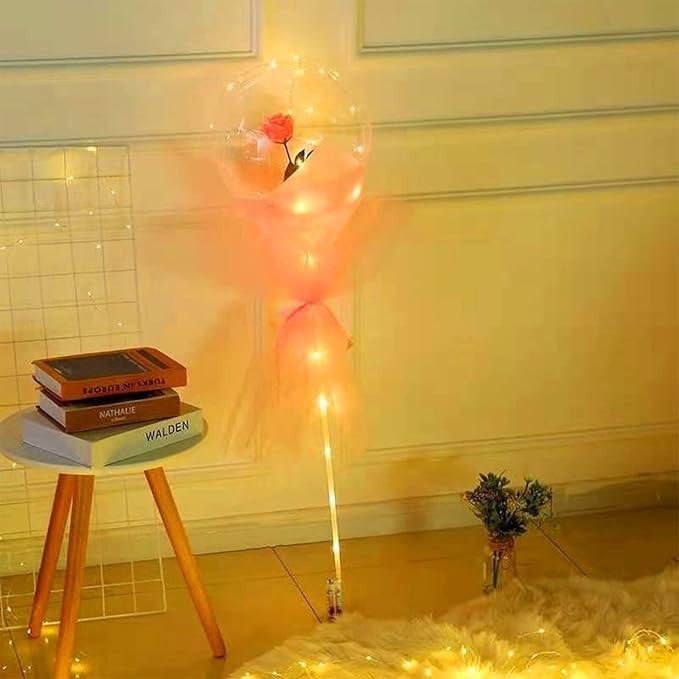 Set Buchet Decorativ, Trandafir in Balon cu Lumini Led, Diametru 35 cm, 2 x Baterii AA (neincluse), Sampanie