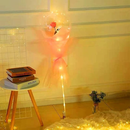 Set Buchet Decorativ, Trandafir in Balon cu Lumini Led, Diametru 35 cm, 2 x Baterii AA (neincluse), Sampanie