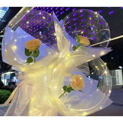 Set Buchet Decorativ, Trandafir in Balon cu Lumini Led, Diametru 35 cm, 2 x Baterii AA (neincluse), Sampanie