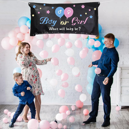 Set Gender Reveal, Balloon Drop Bag, din Plastic si Latex, 24 Baloane Roz si Albastru 13 cm, Sac pentru Baloane 60 x 120 cm, Multicolor