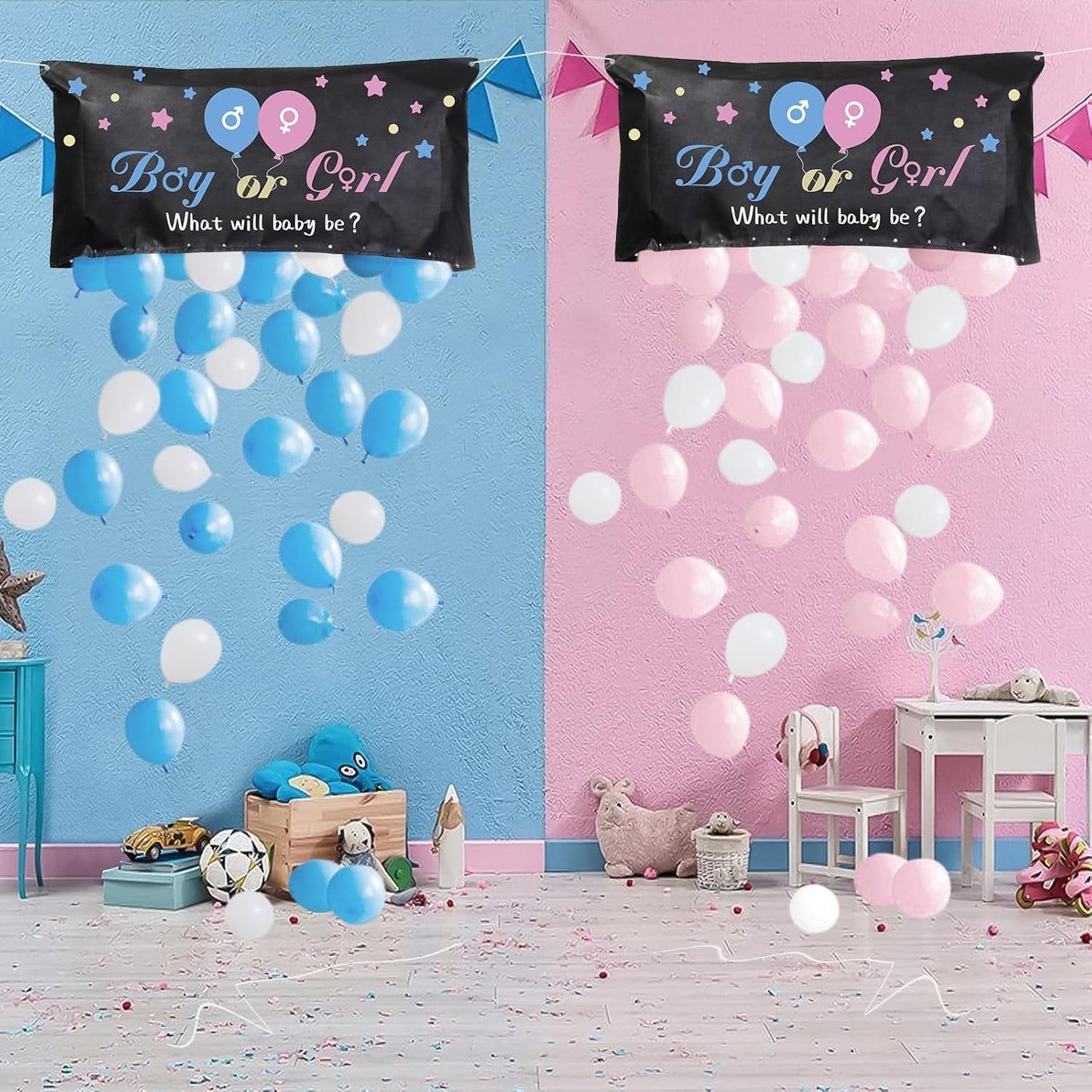 Set Gender Reveal, Balloon Drop Bag, din Plastic si Latex, 24 Baloane Roz si Albastru 13 cm, Sac pentru Baloane 60 x 120 cm, Multicolor