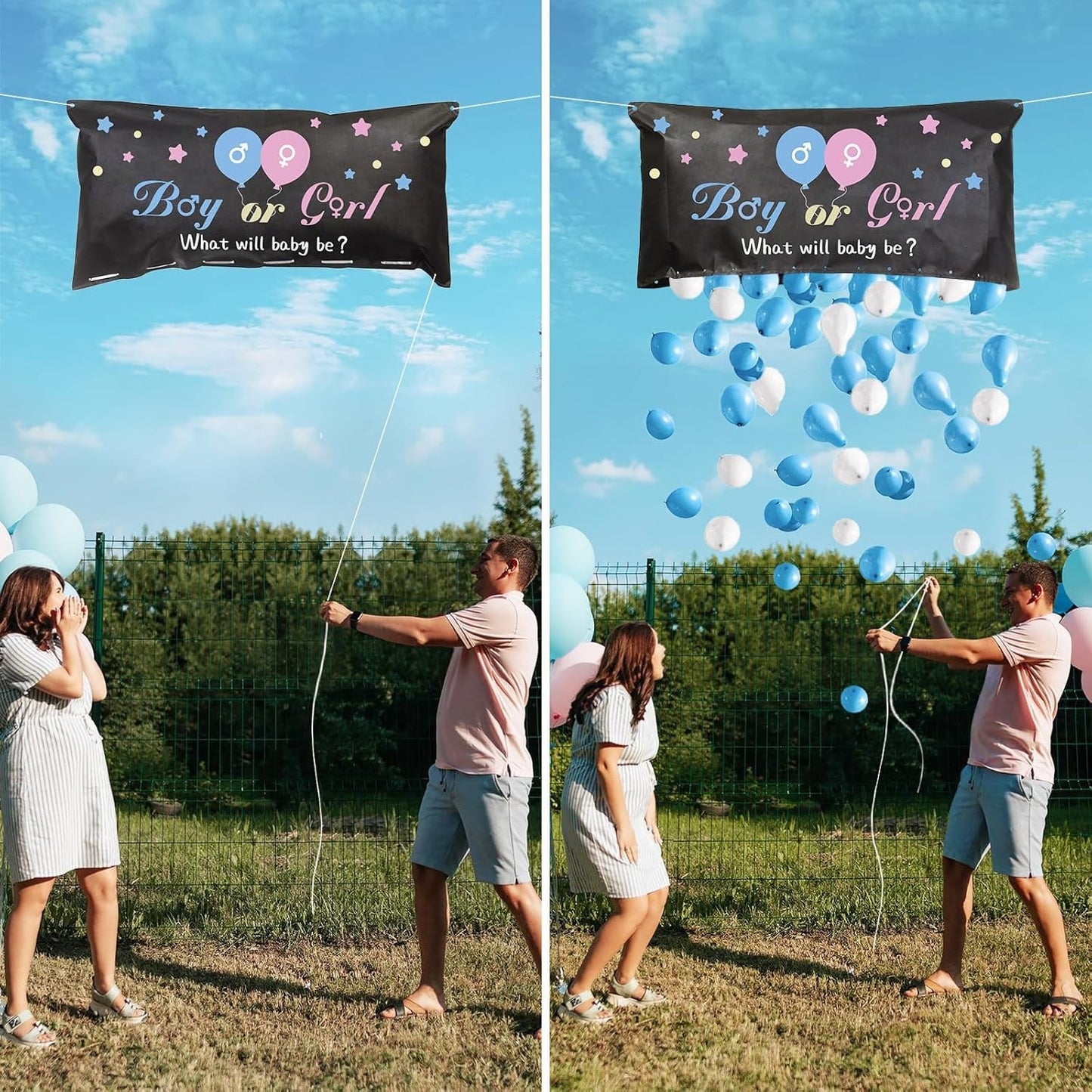 Set Gender Reveal, Balloon Drop Bag, din Plastic si Latex, 24 Baloane Roz si Albastru 13 cm, Sac pentru Baloane 60 x 120 cm, Multicolor