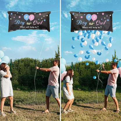Set Gender Reveal, Balloon Drop Bag, din Plastic si Latex, 24 Baloane Roz si Albastru 13 cm, Sac pentru Baloane 60 x 120 cm, Multicolor