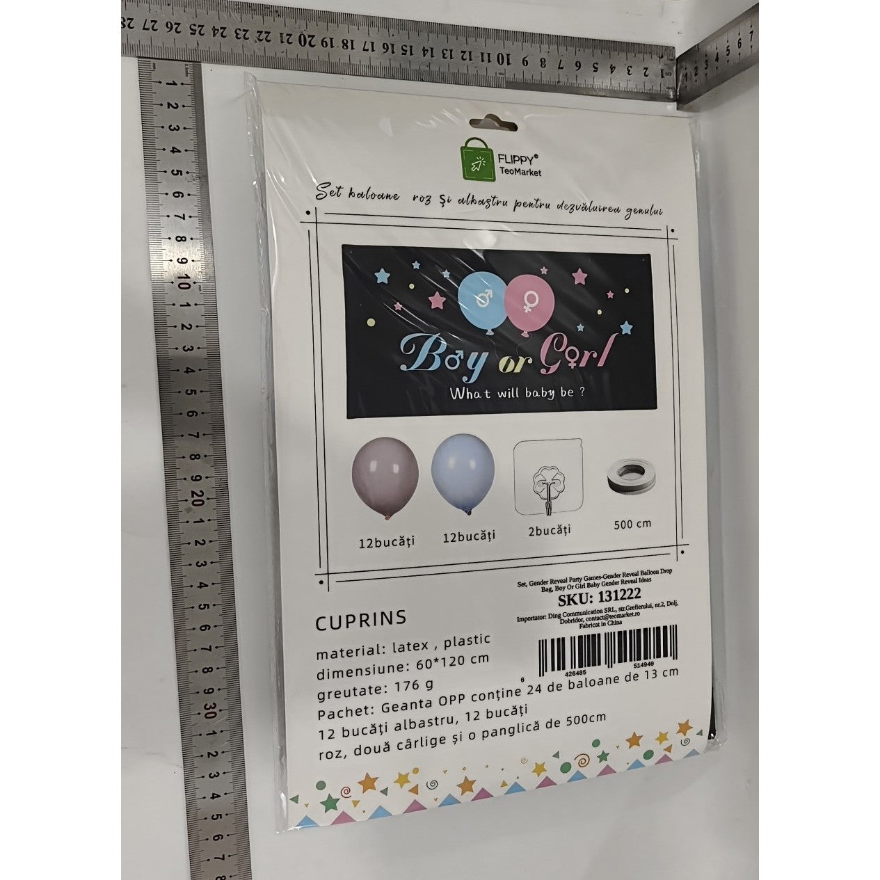 Set Gender Reveal, Balloon Drop Bag, din Plastic si Latex, 24 Baloane Roz si Albastru 13 cm, Sac pentru Baloane 60 x 120 cm, Multicolor
