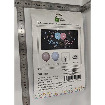 Set Gender Reveal, Balloon Drop Bag, din Plastic si Latex, 24 Baloane Roz si Albastru 13 cm, Sac pentru Baloane 60 x 120 cm, Multicolor