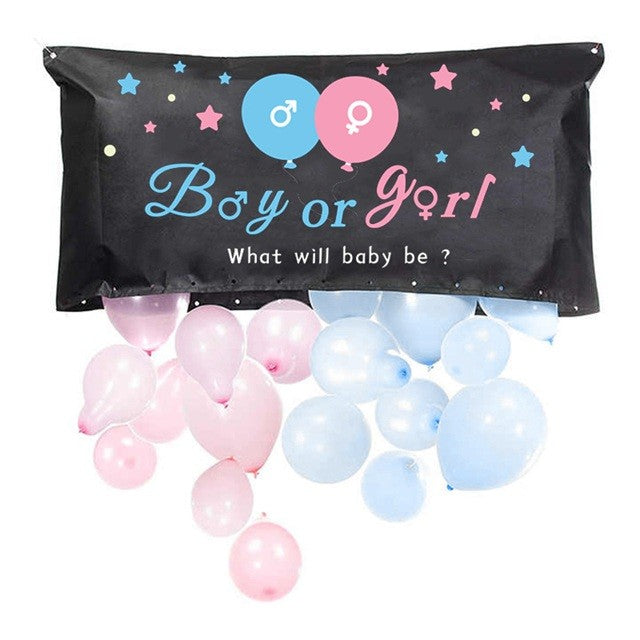 Set Gender Reveal, Balloon Drop Bag, din Plastic si Latex, 24 Baloane Roz si Albastru 13 cm, Sac pentru Baloane 60 x 120 cm, Multicolor