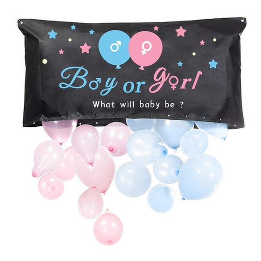 Set Gender Reveal, Balloon Drop Bag, din Plastic si Latex, 24 Baloane Roz si Albastru 13 cm, Sac pentru Baloane 60 x 120 cm, Multicolor