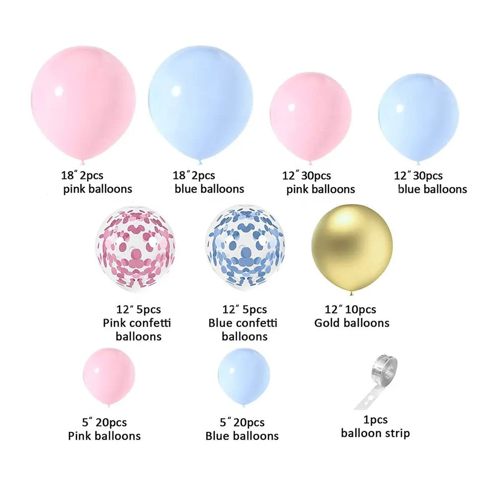 Baloane decorative pentru GENDER PARTY, Arcada Set 130 baloane, Arcul de Baloane Roz si Albastru, Baloane Confetti Aurii, Multicolor